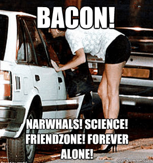 bacon! narwhals! science! friendzone! forever alone!  Karma Whore