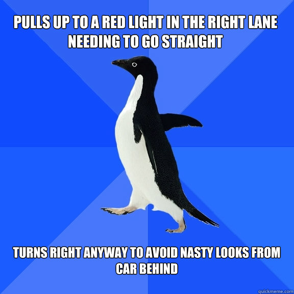 pulls up to a red light in the right lane needing to go straight  turns right anyway to avoid nasty looks from car behind   Socially Awkward Penguin