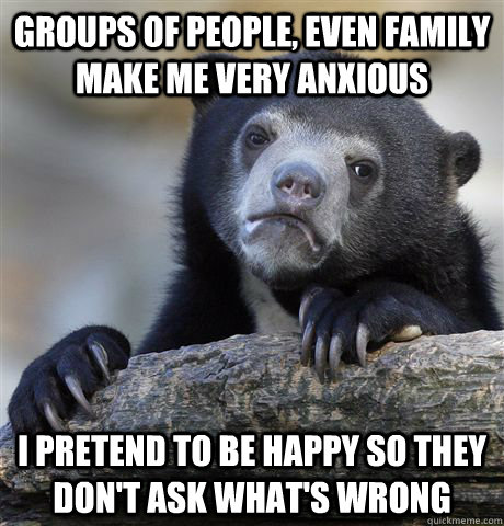 Groups of people, even family make me very anxious I pretend to be happy so they don't ask what's wrong  Confession Bear