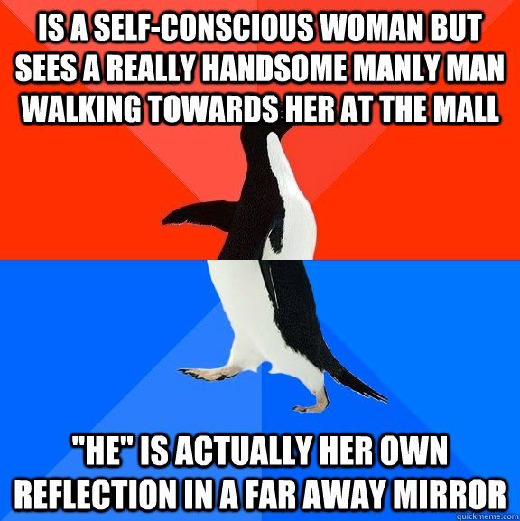 Is a self-conscious woman but sees a really handsome manly man walking towards her at the mall 