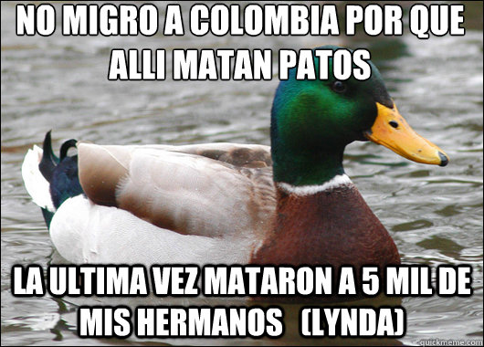 NO MIGRO A COLOMBIA POR QUE ALLI MATAN PATOS la ultima vez mataron a 5 mil de mis hermanos   (lynda)  Actual Advice Mallard