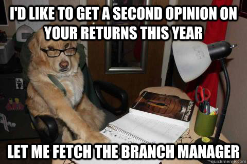 I'd like to get a second opinion on your returns this year Let me fetch the branch manager - I'd like to get a second opinion on your returns this year Let me fetch the branch manager  Financial Advice Dog