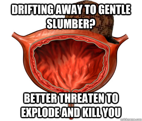 Drifting away to gentle slumber? Better Threaten to explode and kill you - Drifting away to gentle slumber? Better Threaten to explode and kill you  Scumbag Bladder