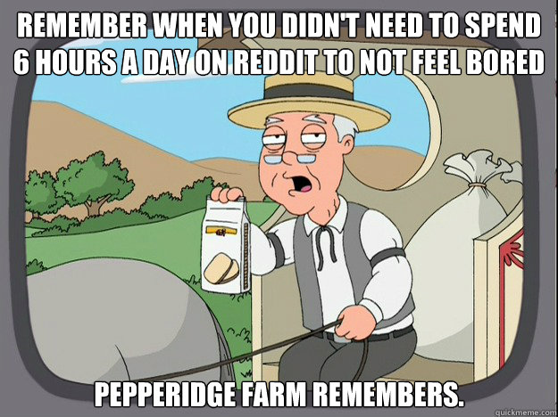 Remember when you didn't need to spend 6 hours a day on reddit to not feel bored ? pepperidge Farm remembers.  Pepridge Farm