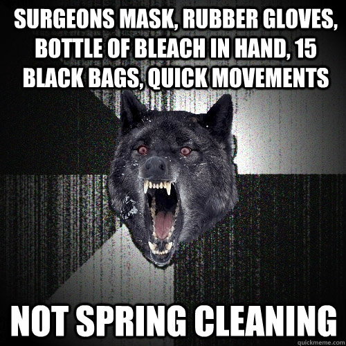 surgeons mask, rubber gloves, bottle of bleach in hand, 15 black bags, quick movements  not spring cleaning  Insanity Wolf