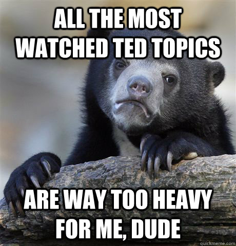 All the most watched ted topics are way too heavy for me, dude  Confession Bear