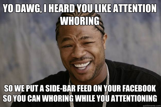 YO DAWG, I HEARD YOU LIKE attention whoring SO WE PUT A SIDE-BAR FEED ON YOUR FACEBOOK SO YOU CAN WHORING WHILE YOU attentioning  Xzibit meme