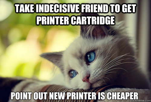 Take indecisive friend to get printer cartridge point out new printer is cheaper  First World Problems Cat