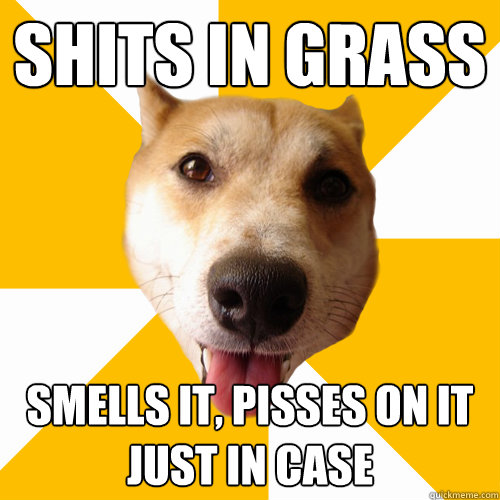 shits in grass smells it, pisses on it just in case  