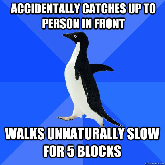 Accidentally catches up to person in front Walks unnaturally slow for 5 blocks  Socially Awkward Penguin