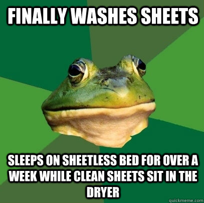 Finally Washes sheets Sleeps on sheetless bed for over a week while clean sheets sit in the dryer  Foul Bachelor Frog