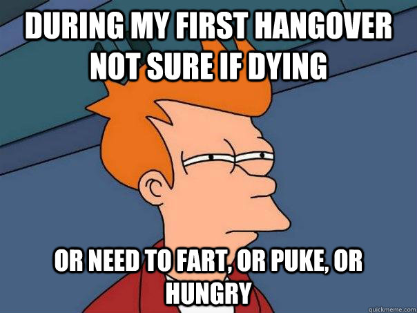 DURING MY FIRST HANGOVER NOT SURE IF DYING OR NEED TO FART, OR PUKE, OR  HUNGRY   Futurama Fry