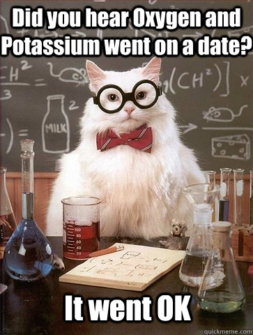 Did you hear Oxygen and Potassium went on a date? It went OK  Chemistry Cat