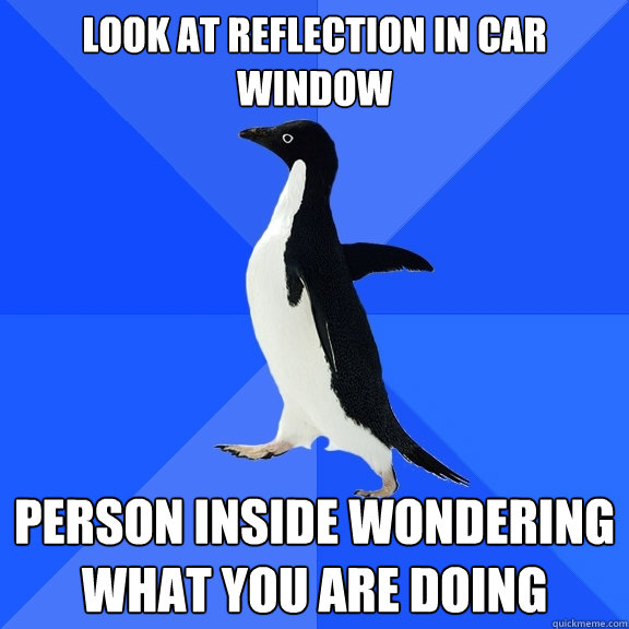 Look at reflection in car window Person inside wondering what you are doing  Socially Awkward Penguin