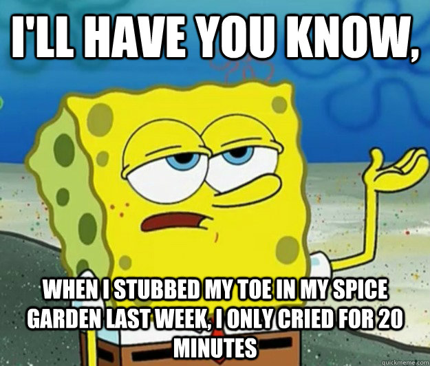 I'll have you know, when i stubbed my toe in my spice garden last week, i only cried for 20 minutes - I'll have you know, when i stubbed my toe in my spice garden last week, i only cried for 20 minutes  Tough Spongebob