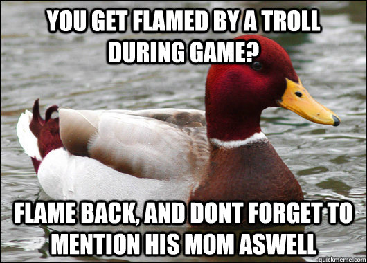you get flamed by a troll during game? Flame back, and dont forget to mention his mom aswell - you get flamed by a troll during game? Flame back, and dont forget to mention his mom aswell  Malicious Advice Mallard