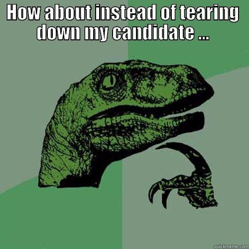 HOW ABOUT INSTEAD OF TEARING DOWN MY CANDIDATE ...  Philosoraptor