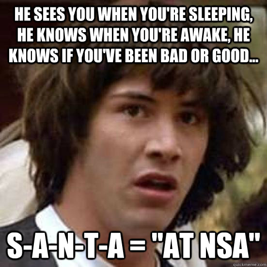He sees you when you're sleeping, He knows when you're awake, He knows if you've been bad or good... S-A-N-T-A = 
