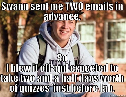 SWANN SENT ME TWO EMAILS IN ADVANCE, SO I BLEW IT OFF AND EXPECTED TO TAKE TWO AND A HALF DAYS WORTH OF QUIZZES  JUST BEFORE LAB. College Freshman