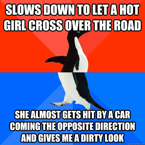 slows down to let a hot girl cross over the road She almost gets hit by a car coming the opposite direction and gives me a dirty look  Socially Awesome Awkward Penguin