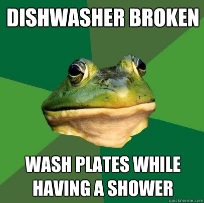 Dishwasher broken wash plates while having a shower - Dishwasher broken wash plates while having a shower  Foul Bachelor Frog