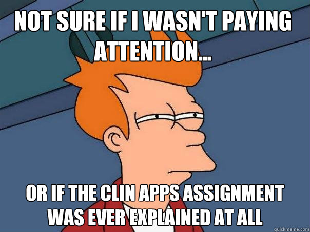 Not sure if I wasn't paying attention... Or if the Clin Apps assignment was ever explained at all  Futurama Fry