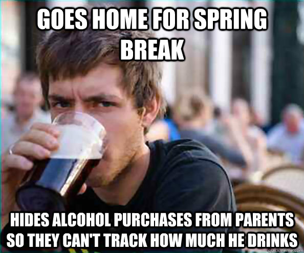 Goes home for spring break Hides alcohol purchases from parents so they can't track how much he drinks  Virgin College Senior