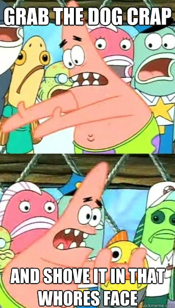 Grab the dog crap and shove it in that whores face  Push it somewhere else Patrick