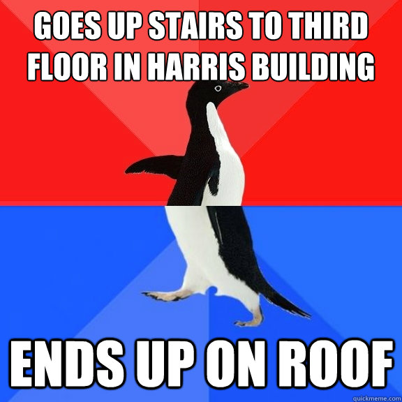 Goes up stairs to third floor in harris building Ends up on roof  Socially Awksome Penguin