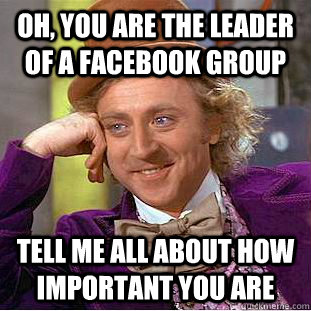 Oh, you are the leader of a Facebook Group tell me all about how important you are  Condescending Wonka