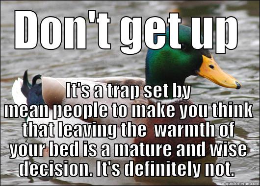 DON'T GET UP IT'S A TRAP SET BY MEAN PEOPLE TO MAKE YOU THINK THAT LEAVING THE  WARMTH OF YOUR BED IS A MATURE AND WISE DECISION. IT'S DEFINITELY NOT.  Actual Advice Mallard