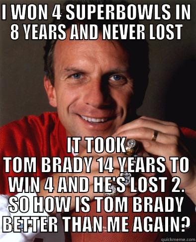 I WON 4 SUPERBOWLS IN 8 YEARS AND NEVER LOST IT TOOK TOM BRADY 14 YEARS TO WIN 4 AND HE'S LOST 2. SO HOW IS TOM BRADY BETTER THAN ME AGAIN? Misc