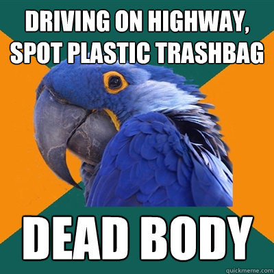 driving on highway, spot plastic trashbag  dead body  Paranoid Parrot