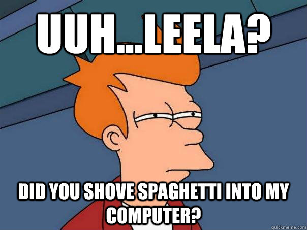 Uuh...Leela? Did you shove spaghetti into my computer?  Futurama Fry