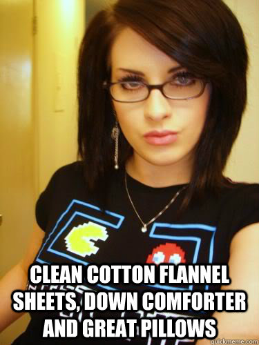  clean cotton flannel sheets, down comforter and great pillows   Cool Chick Carol