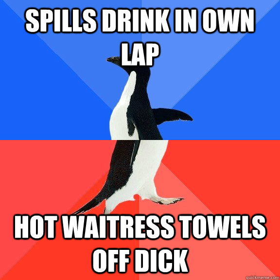Spills drink in own lap Hot waitress towels off dick  Socially Awkward Awesome Penguin