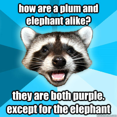how are a plum and elephant alike?  they are both purple. except for the elephant  Lame Pun Coon