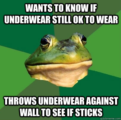 Wants to know if underwear still ok to wear Throws underwear against wall to see if sticks  Foul Bachelor Frog