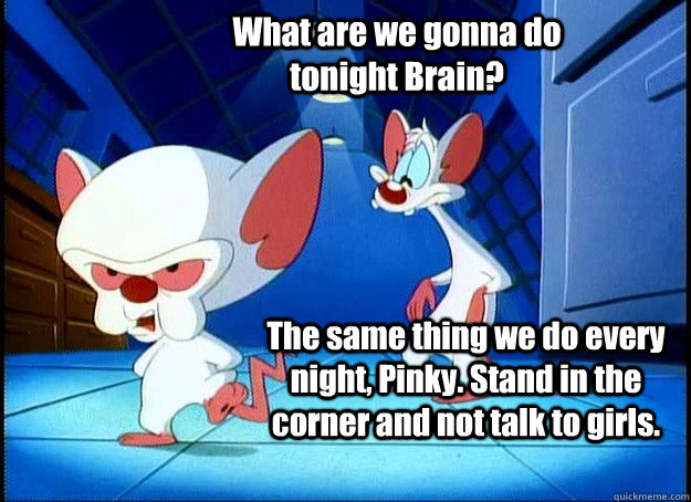 What are we gonna do tonight Brain? The same thing we do every night, Pinky. Stand in the corner and not talk to girls. - What are we gonna do tonight Brain? The same thing we do every night, Pinky. Stand in the corner and not talk to girls.  Pinky and the Brain