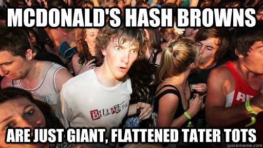 mcdonald's hash browns are just giant, flattened tater tots - mcdonald's hash browns are just giant, flattened tater tots  Sudden Clarity Clarence