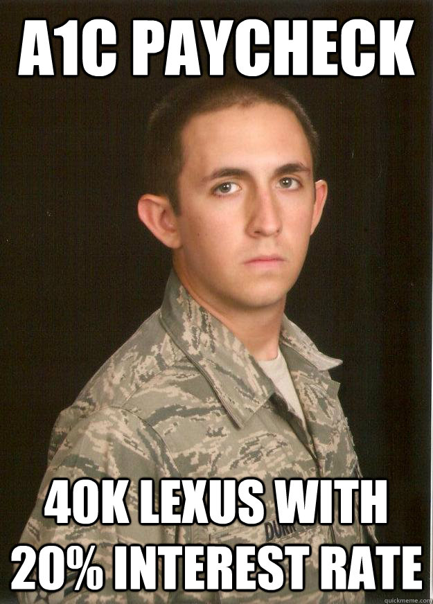 A1C Paycheck 40k Lexus with 20% interest rate  Tech School Airman