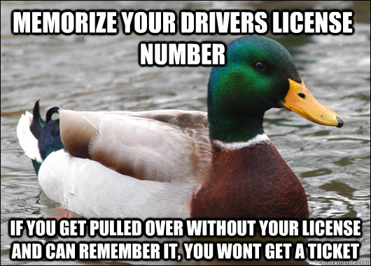 memorize your drivers license number if you get pulled over without your license and can remember it, you wont get a ticket - memorize your drivers license number if you get pulled over without your license and can remember it, you wont get a ticket  Actual Advice Mallard