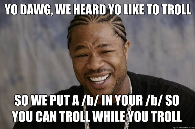 YO DAWG, WE HEARD YO LIKE TO TROLL SO WE PUT A /b/ IN YOUR /b/ SO YOU CAN TROLL WHILE YOU TROLL   Xzibit meme