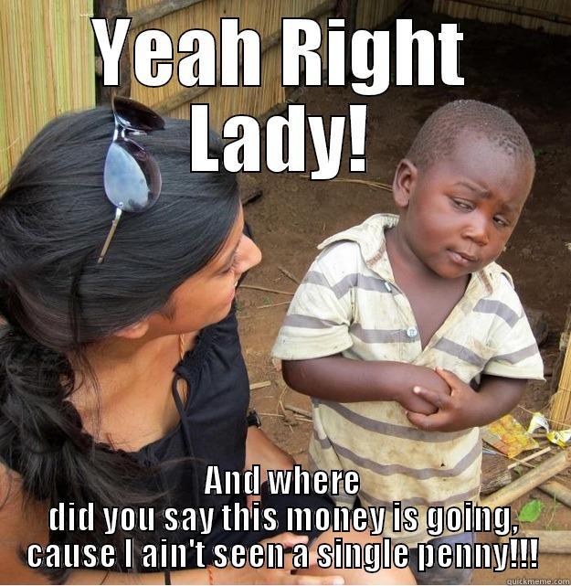 YEAH RIGHT LADY! AND WHERE DID YOU SAY THIS MONEY IS GOING, CAUSE I AIN'T SEEN A SINGLE PENNY!!! Skeptical Third World Kid