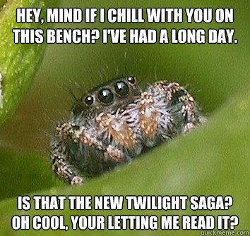 Hey, mind if I chill with you on this bench? I've had a long day. Is that the new Twilight Saga? Oh cool, your letting me read it? - Hey, mind if I chill with you on this bench? I've had a long day. Is that the new Twilight Saga? Oh cool, your letting me read it?  Misunderstood Spider