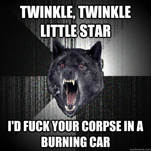 Twinkle, Twinkle little star I'd fuck your corpse in a burning car  Insanity Wolf