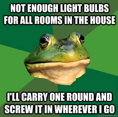 Not enough light bulbs for all rooms in the house I'll carry one round and screw it in wherever I go  Foul Bachelor Frog