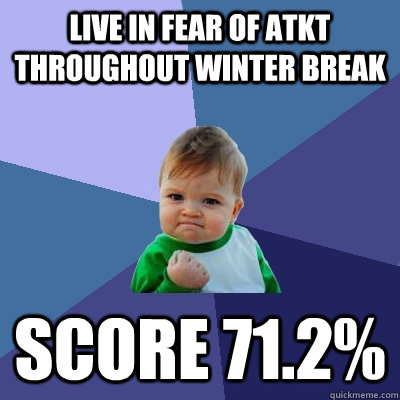 Live in fear of atkt throughout winter break score 71.2%  Success Kid