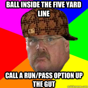 Ball inside the five yard line Call a run/pass option up the gut  Scumbag Andy Reid