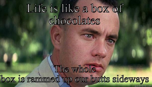 Life is like a box of chocolates - LIFE IS LIKE A BOX OF CHOCOLATES THE WHOLE BOX IS RAMMED UP OUR BUTTS SIDEWAYS Offensive Forrest Gump